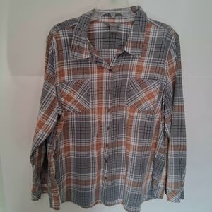 +1🔵Natural Reflections Gray and Brown Plaid Button Down Shirt
